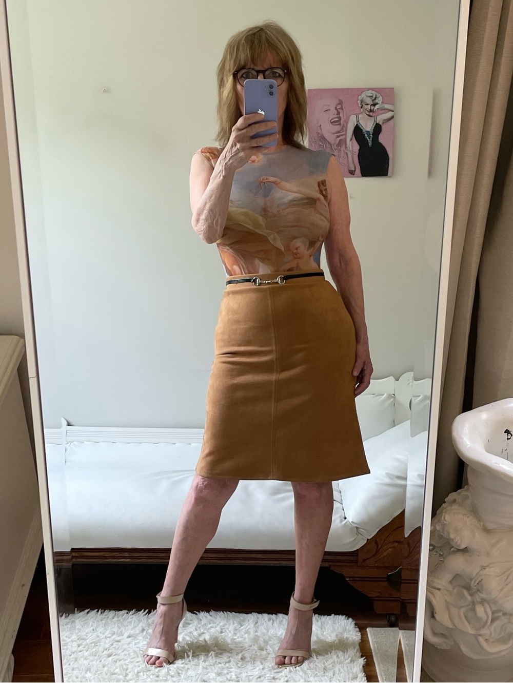 BROWN FAUX SUEDE SKIRT STRETCH WAIST FAUX BELT SILVER HORSE BIT HARDWARE LINED